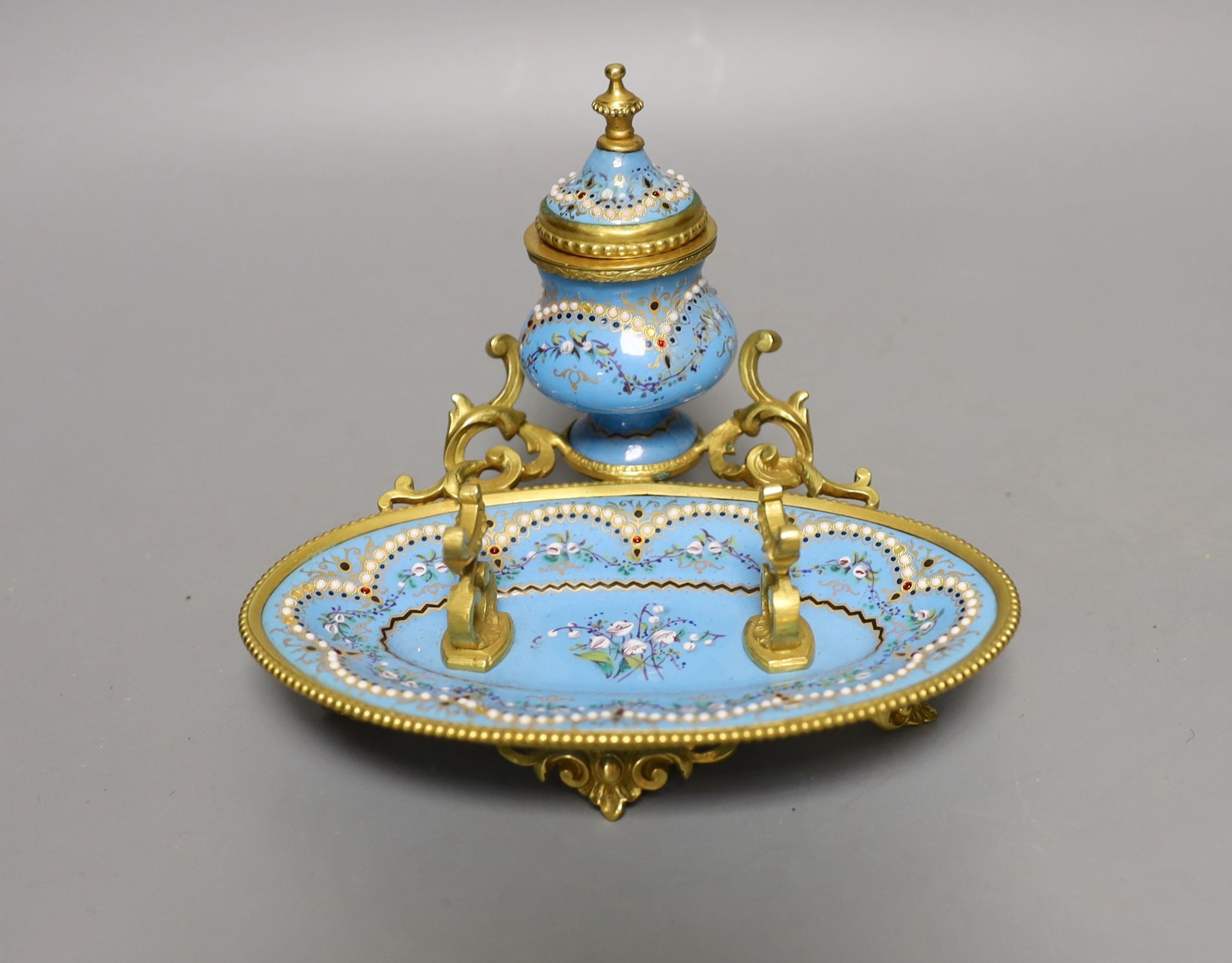 A French gilt metal and ‘jewelled’ enamel inkstand 15cm wide